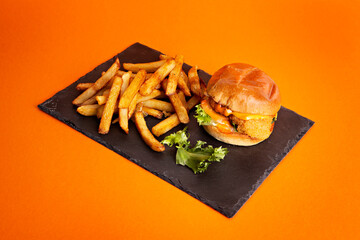 chicken burger and chips on the plate