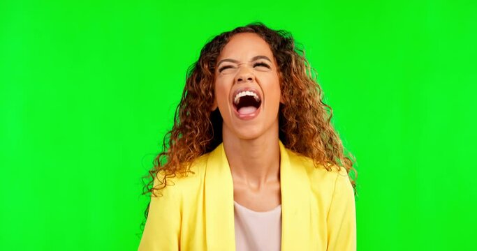 Silly face, green screen and woman being funny, playful and confident in a studio. Model, crossed eye and pout portrait of a mixed race female with happiness and crazy emoji expression as a joke