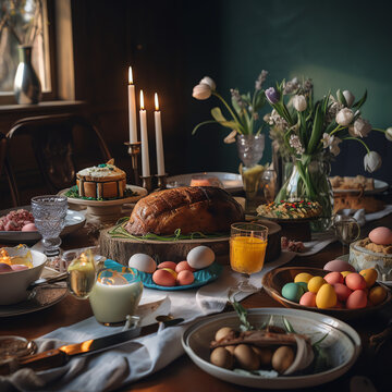 Timeless Easter Traditions: A Cinematic Image of a Decorated Dinner Table Laden with Delicious Dishes