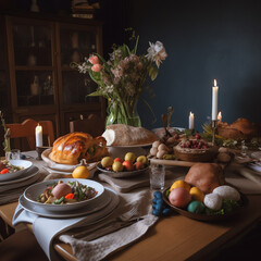 A Cinematic Easter Feast: A Beautifully Set Dinner Table with Seasonal Decorations and Delectable Food
