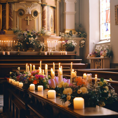Fototapeta na wymiar Timeless Easter Celebration: A 35mm Film Image of a Church Interior Adorned with Flowers and Candles