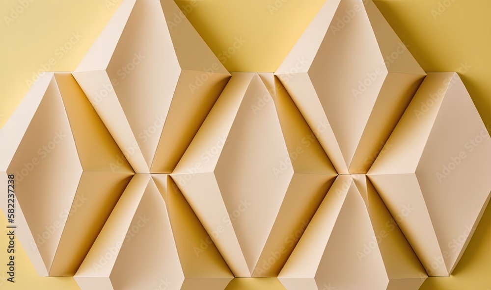 Poster a group of folded paper shapes on a yellow background with a yellow wall in the middle of the image 