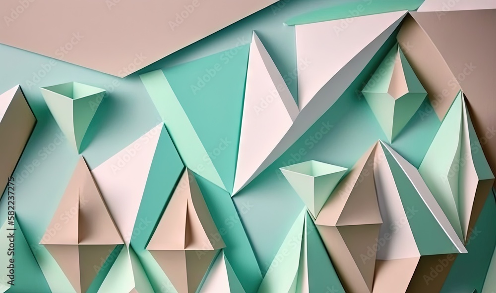 Poster an abstract painting of a mountain range with a pastel green and beige background and a light blue b