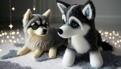 Small beautiful toy dog breed Husky, Laika, Kli-Klai, Siberian, Malamute. Soft toy for children. Created with AI.