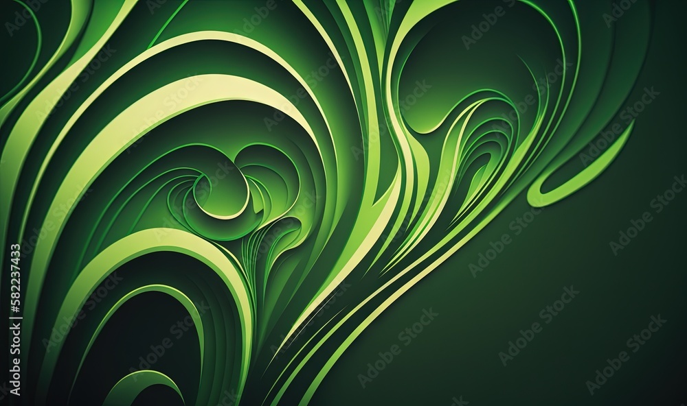 Poster a green abstract background with curves and curves on the side of the image, with a black background