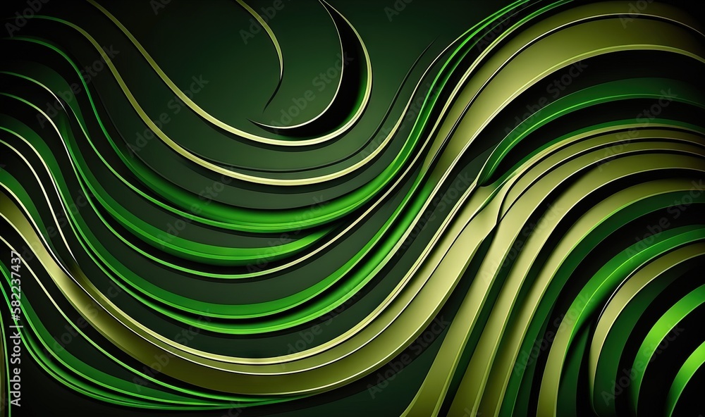 Poster  a green abstract background with wavy lines and curves on a black background with a black background and a green background with a white stripe at the bottom.  generative ai