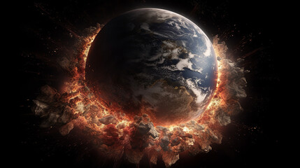 armageddon, apocalypse, nuclear war, explosion, explode, fire, flame, nuke, earth, planet, globe, space, world, map, global, blue, sphere, night, 3d, sun, universe, astronomy, generative, ai