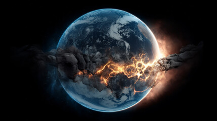 armageddon, apocalypse, nuclear war, explosion, explode, fire, flame, nuke, earth, planet, globe, space, world, map, global, blue, sphere, night, 3d, sun, universe, astronomy, generative, ai