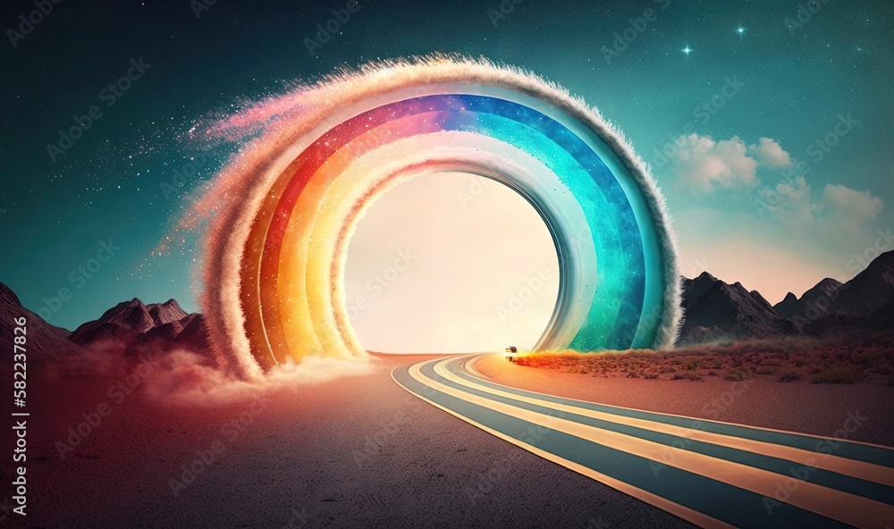 Poster a rainbow - colored tunnel in the middle of a desert with mountains in the background and a car driv