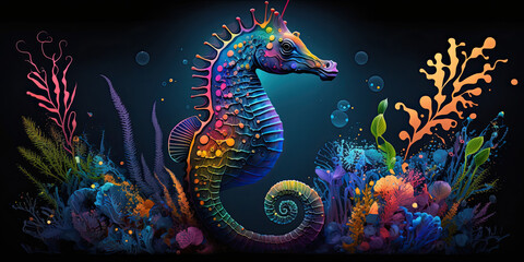 Colorful seahorse illustration - Generative AI