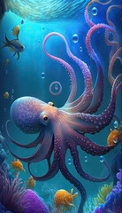 Obraz na płótnie Canvas Octopus - Minimalistic flat design landscape illustration. Image for a wallpaper, background, postcard or poster - Generative AI