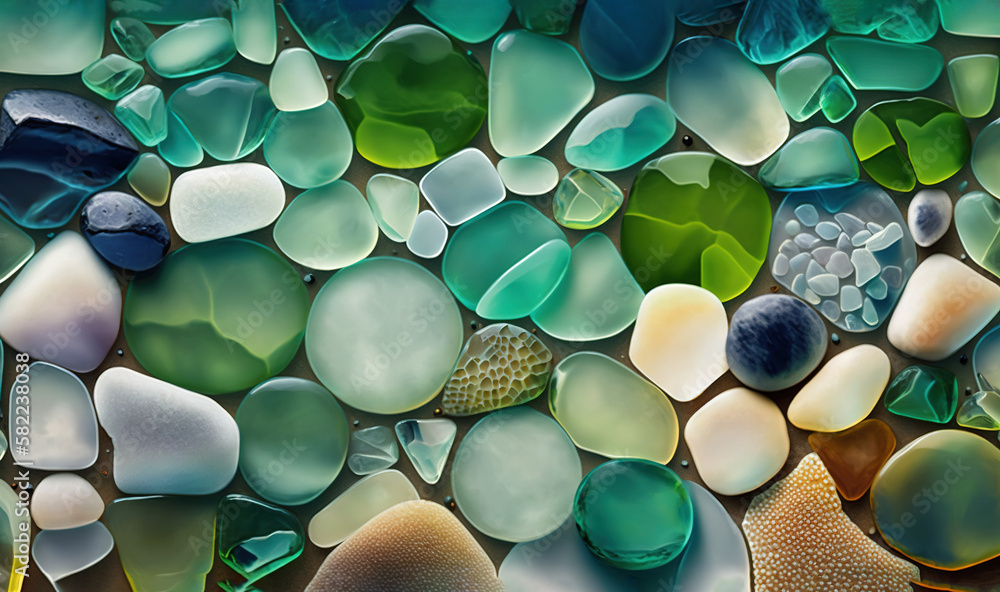 Poster a close up of a bunch of different colored glass pebbles and pebbles on a black background with a bl