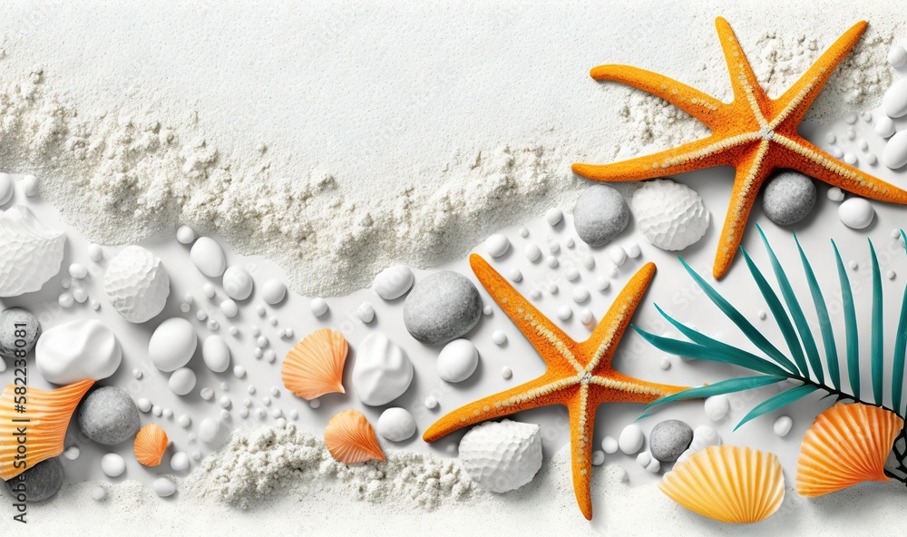 Poster  a group of starfishs and shells on a white sand background with a palm leaf and a starfish on the left side of the image.  generative ai