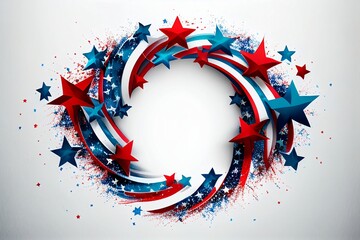 4th of July or Memorial Day image. Light background with red white and blue stars that create a border around the image, 3d vector, 3d imaging, and blank frame for product display or mock-up.