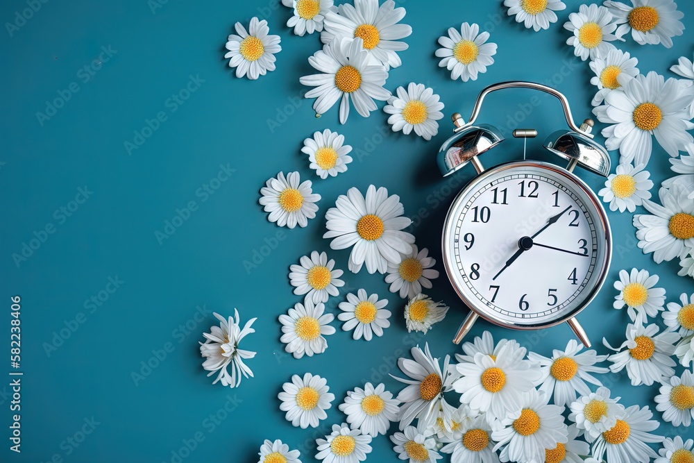 Poster an alarm clock surrounded by daisies on a blue background with white and yellow flowers on the botto