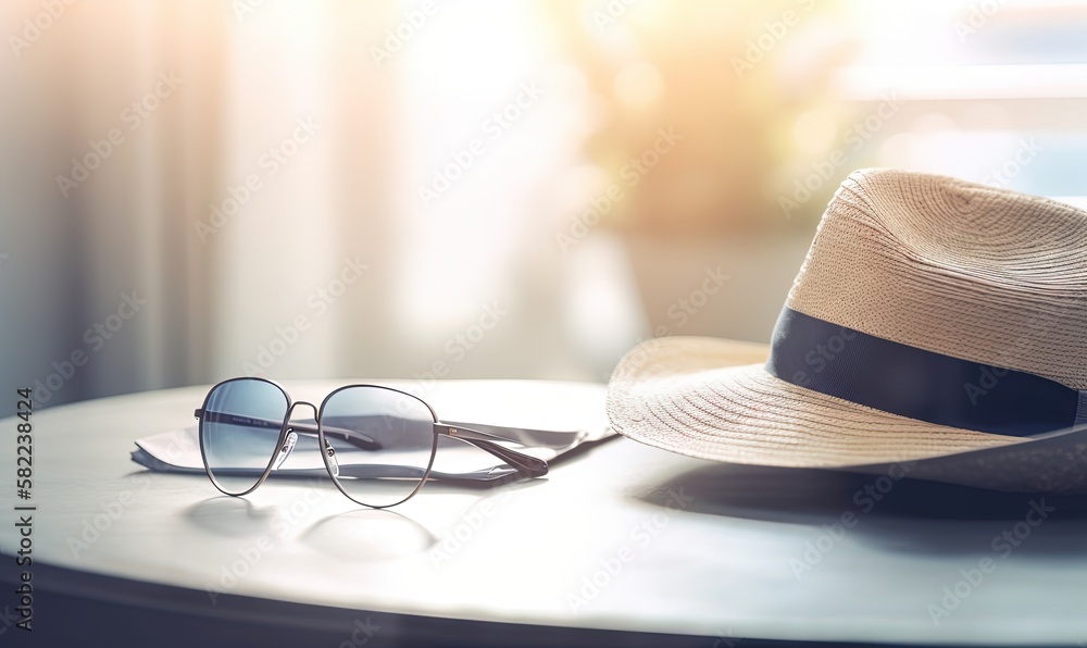Poster a hat, sunglasses, and a hat on a table in a room with sunlight coming through the window and a wind