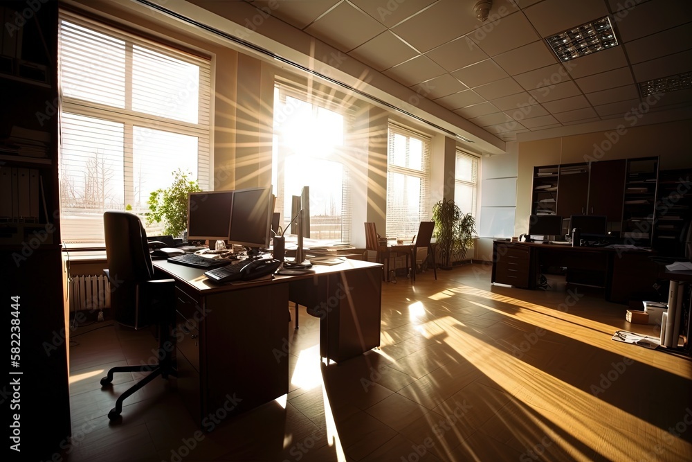 Poster the sun shines through the windows in a large office space with a desk and computer on the far side 