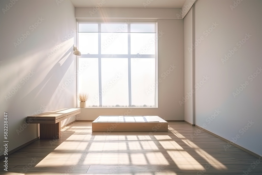 Poster a room with a bed and a window with a light coming through the window and a bench in front of the wi