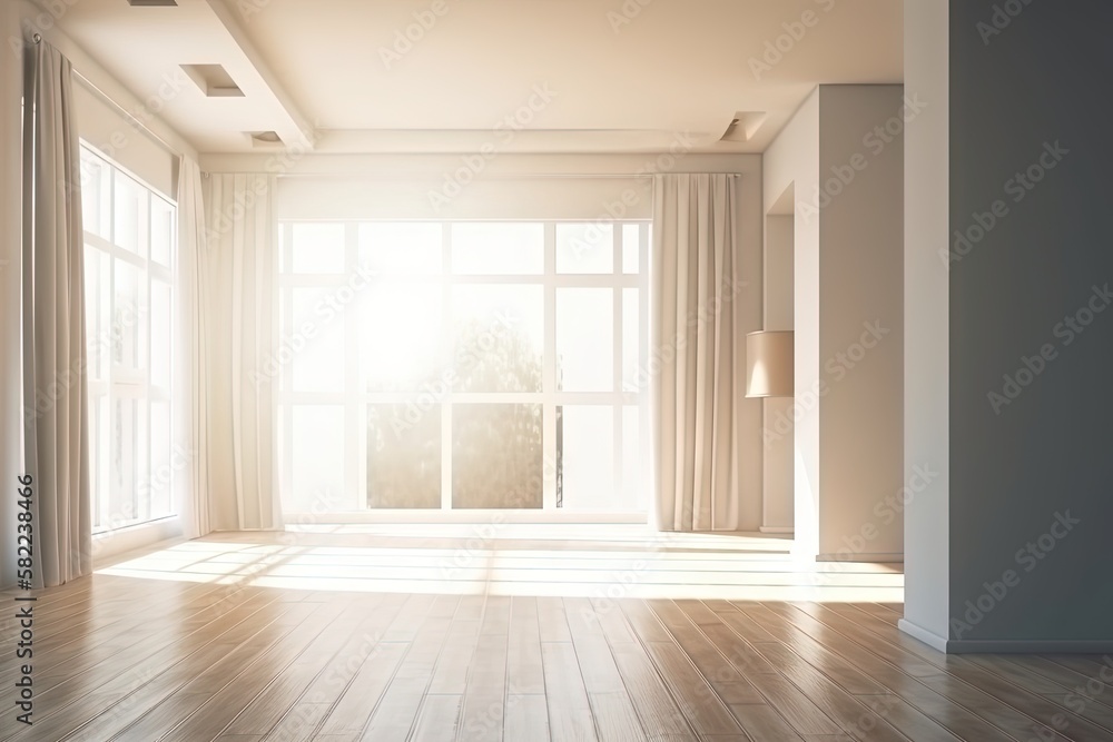 Poster an empty room with a large window and wooden floor and white curtains on the window sill and the sun