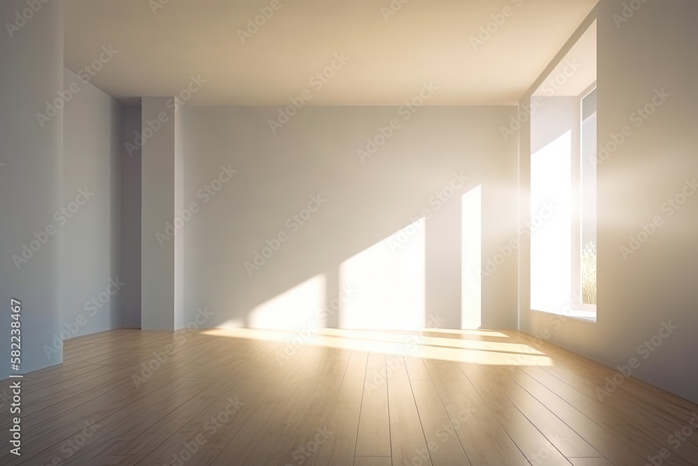 Aufkleber an empty room with a wooden floor and a window with the sun shining through the window and the floor