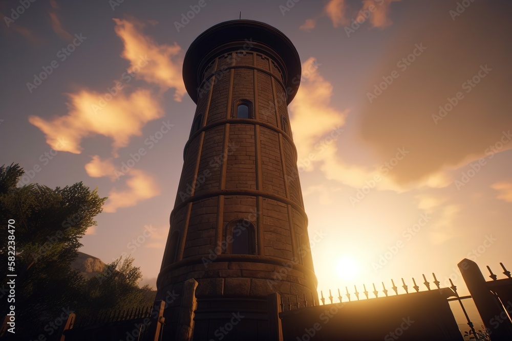 Poster a tall tower with a clock on the top of it's face and a fence around it with a sunset behind it and 