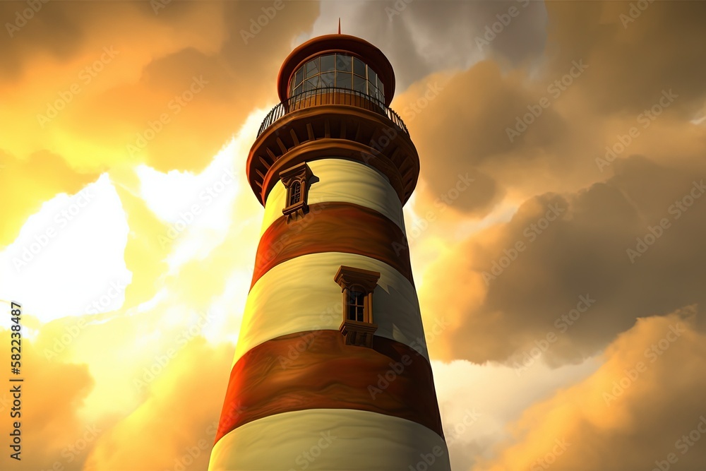 Poster a painting of a lighthouse in the middle of a cloudy sky with a sun behind it and clouds in the sky 