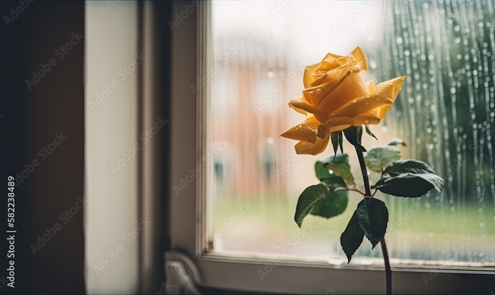 Poster a single yellow rose sitting on a window sill in the rain outside of a window with rain drops on the