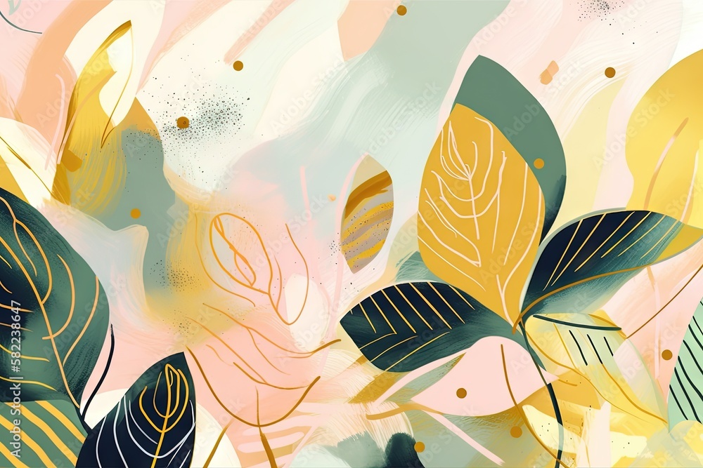 Poster a painting of leaves and dots on a pink and blue background with a gold foil foil design on the bott
