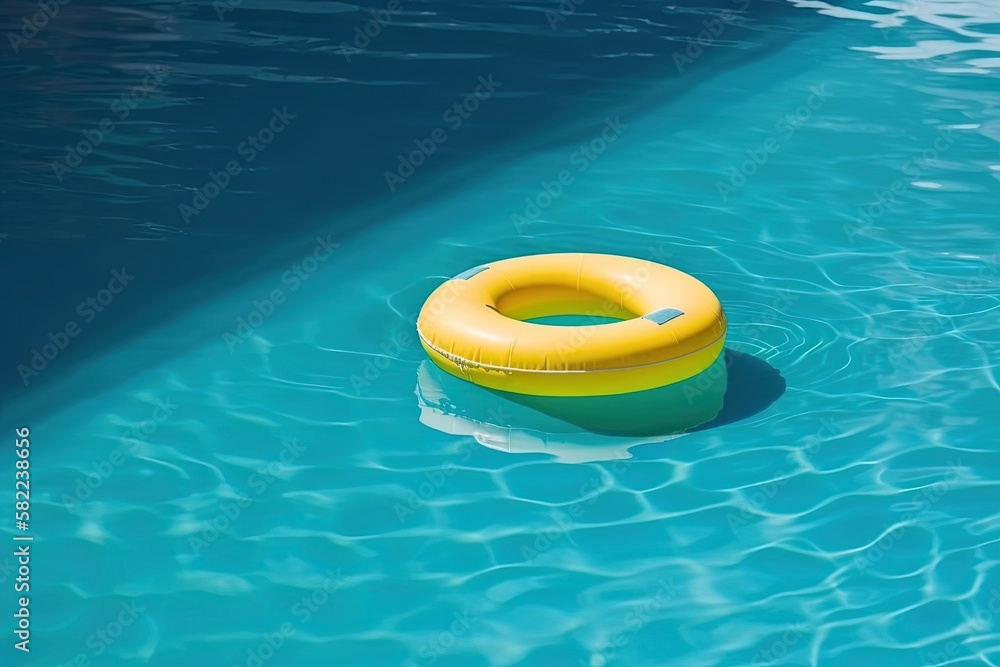 Aufkleber an inflatable ring floating in a pool of water with ripples on the surface of the water and the surf
