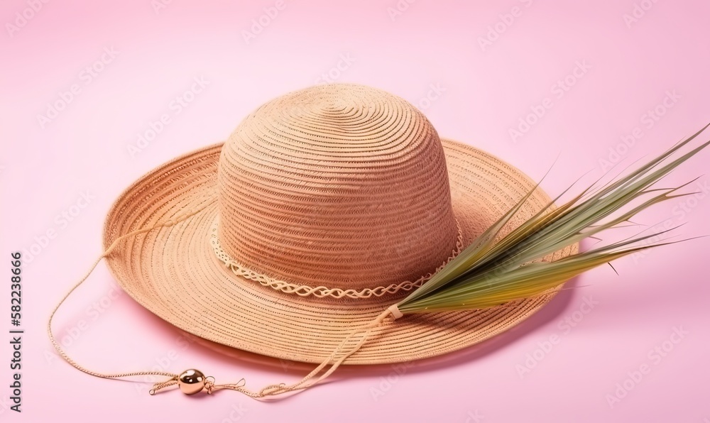Poster a straw hat with a chain around it on a pink background with a palm leaf on the side of the hat and 