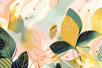  a painting of leaves and dots on a pink and blue background with a gold foil foil design on the bottom of the frame and bottom half of the frame. generative ai