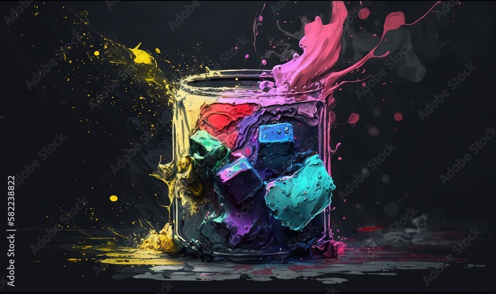 Poster a glass filled with colorful liquid and a splash of paint on the side of it, with a black background