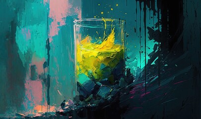  a painting of a glass with a yellow substance in it on a green and blue background with a red and yellow substance in the glass.  generative ai