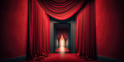 A red hallway with curtains - Generative AI