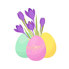 Easter eggs with crocus flowers. Easter decor. Spring.