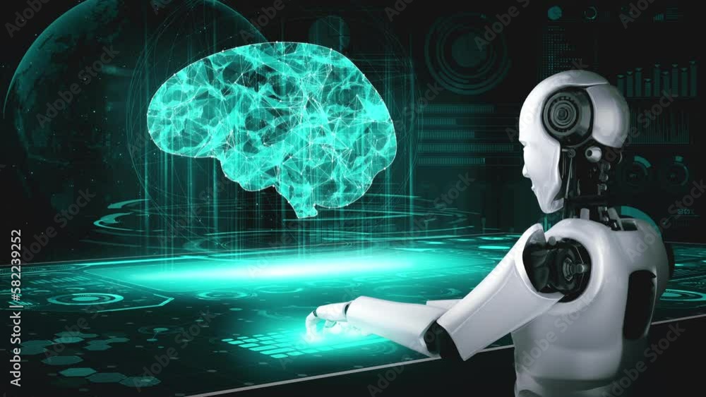 Poster robot hominoid use laptop and sit at table in concept of ai thinking brain , artificial intelligence