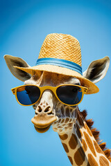 Giraffe mit Sonnenbrille und Sonnenhut vor Sonne und blauen Hintergrund, Generative AI