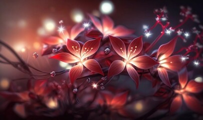  a bunch of flowers that are sitting on a branch in the dark night time with stars on the top of the petals and the petals.  generative ai