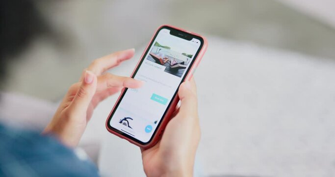 Phone screen, travel agency and hands of woman for about us information, user experience and website scroll. Person on cellphone for tropical holiday or vacation research on Web 3.0 or mobile app ux