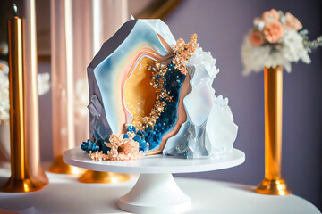 Romantic Wedding Cake with Geode Accents and Elegant Floral Decorations - ai generated