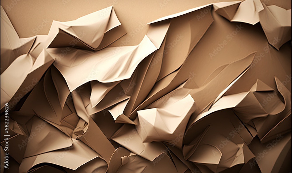 Poster an abstract picture of a bunch of folded paper on a brown background with a black border around the 