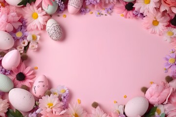 Easter border frame of colorful Easter eggs and spring flowers with copy space in the middle and pink rosa background - Generative AI