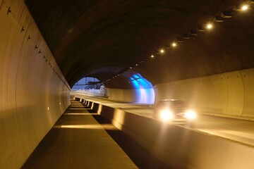 Tunel behind Halogaland Bridge - cable-stayed bridge near Narvik in the evening scenery. The longest bridge in Europe and one of the longest in the world. Norway