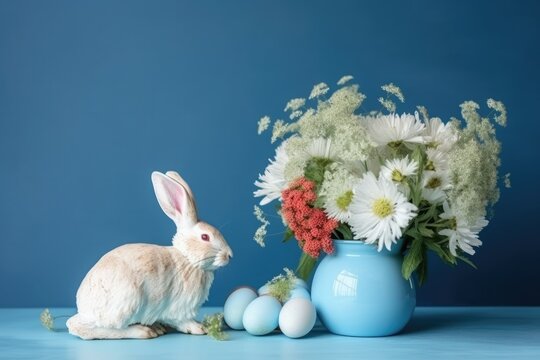 Easter composition with Easter eggs, bunny and natural spring flowers on blue table background - Generative AI