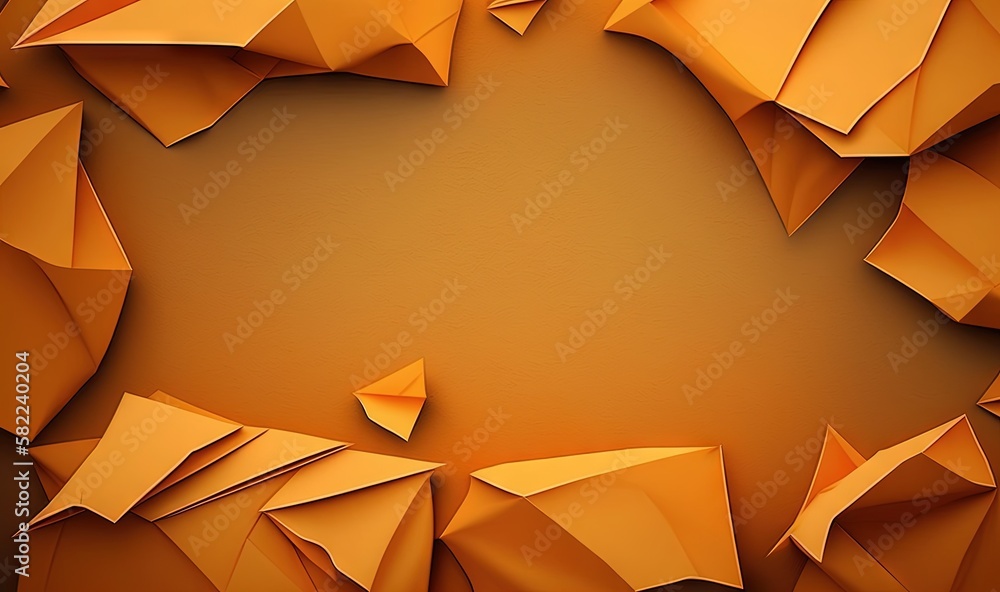 Poster an orange background with a lot of small pieces of paper in the middle of the image and a corner in 