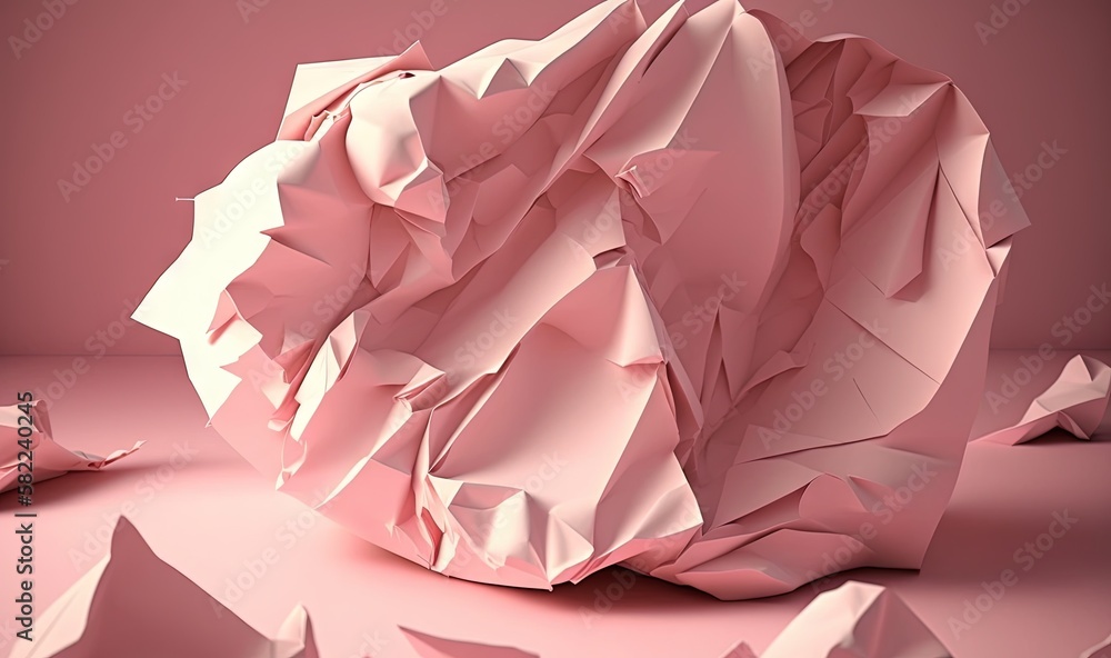 Poster a large pink object with many pieces of paper on the ground in the middle of the image and a few sma