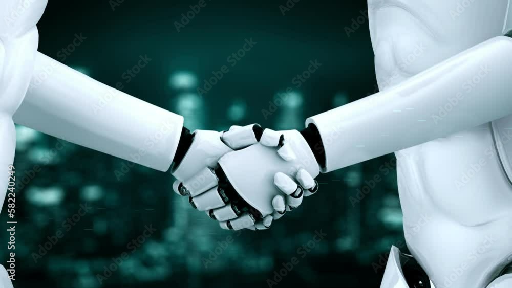 Poster 3d rendering hominoid robot handshake with stock market trading chart showing buy and sell decision 