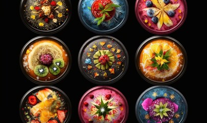  a bunch of different types of food in a bowl on a black background with a black background and a black background with a white border.  generative ai