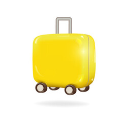 Yellow 3d plastic suitcase in cartoon style. Travel concept icon. 3d vector graphics