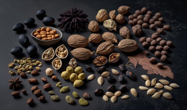  nuts, seeds, and leaves on a black surface with a spoon of nuts and a leaf on the side of the table, and a bowl of nuts and a maple leaf on the other side.  generative ai